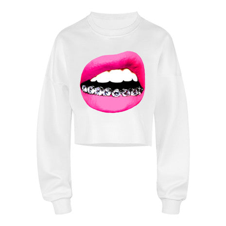 Grill Lips White Crop Top Sweater - Her Teen Dream