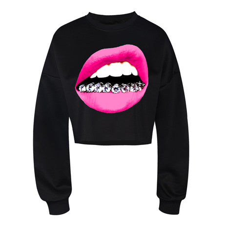Grill Lips Black Crop Top Sweater - Her Teen Dream
