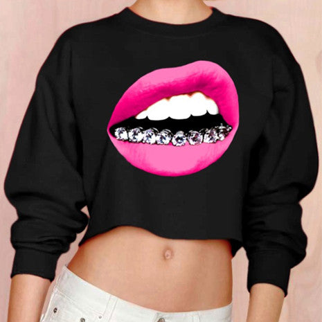 Grill Lips Black Crop Top Sweater - Her Teen Dream