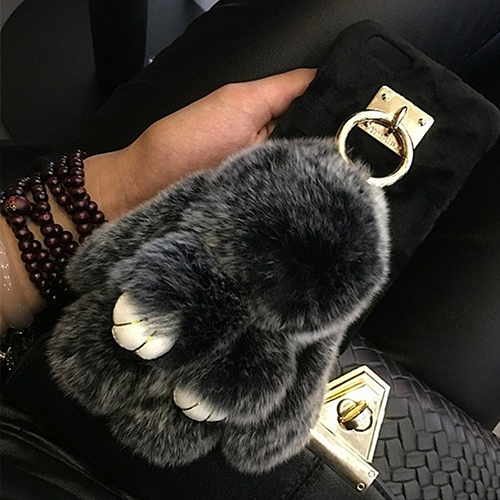 Black Fluffy Rabbit Keychain Charm iPhone Case - Her Teen Dream