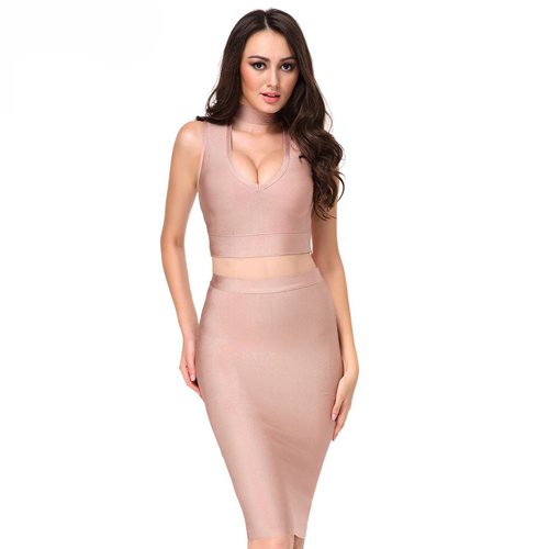 Two Piece Body Con Dress- Khaki - Her Teen Dream