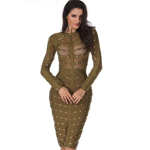Mesh Studded Body Con Dress- Olive - Her Teen Dream