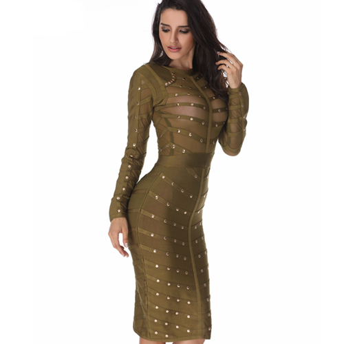 Mesh Studded Body Con Dress- Olive - Her Teen Dream