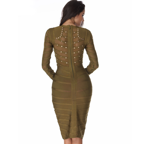 Mesh Studded Body Con Dress- Olive - Her Teen Dream