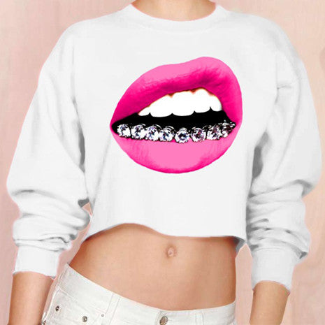 Grill Lips White Crop Top Sweater - Her Teen Dream