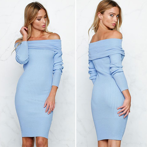 Blue Off the Shoulder Knit Dress - Her Teen Dream